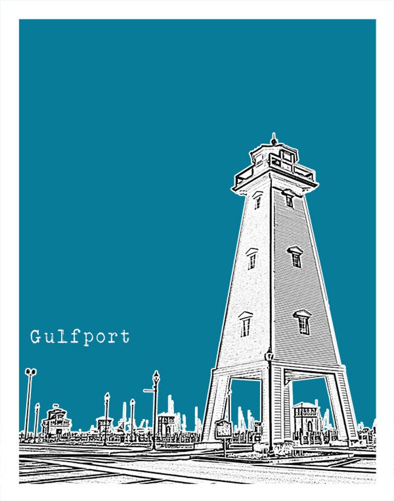 Gulfport Mississippi Poster Art Print Skyline MS Lighthouse - Etsy