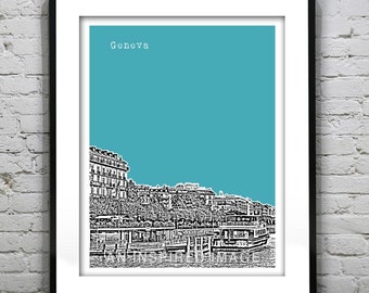 Geneva Switzerland Poster Art Print Quai du Mont-Blanc Skyline Version 1