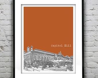 Capitol Hill Washington DC Skyline Poster Art Print Eastern Market  Item T1311