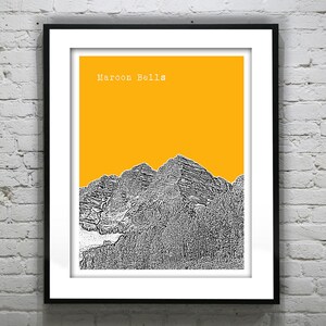 May include: A black and white illustration of the Maroon Bells mountain range in Colorado, set against a bright yellow background. The text "Maroon Bells" is printed in white at the top of the image.