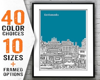 Kathmandu Nepal Poster Art Print Skyline Buildings around Boudha Stupa Item T1669