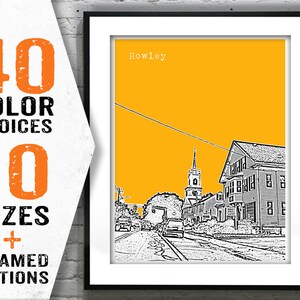 May include: A black and white illustration of a town scene with a church steeple and buildings on a yellow background. The text "Rowley" is at the top of the image.