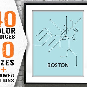 Boston Subway Map Poster Art Print Modern Line Drawing MBTA Item T2064