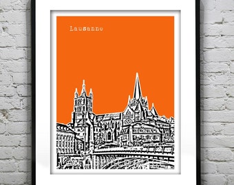 Lausanne Switzerland Poster Art Print Lausanne Cathedral Skyline