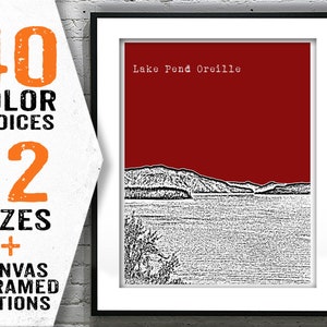 May include: A framed print of a black and white illustration of Lake Pend Oreille, Idaho. The background is a solid red color. The text "Lake Pend Oreille" is printed in white at the top of the image.