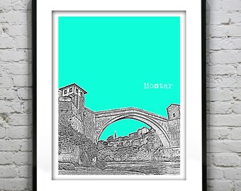 Mostar Bosnia Skyline Poster Art Print