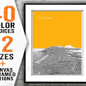 May include: A black and white illustration of a mountain landscape with a winding road. The background is a solid yellow color. The text "St. Kitts" is at the top of the image.