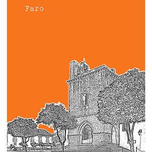 May include: Black and white line drawing of a building with a tower and trees in front of it. The building is on a orange background. The text "Faro" is at the top of the image.