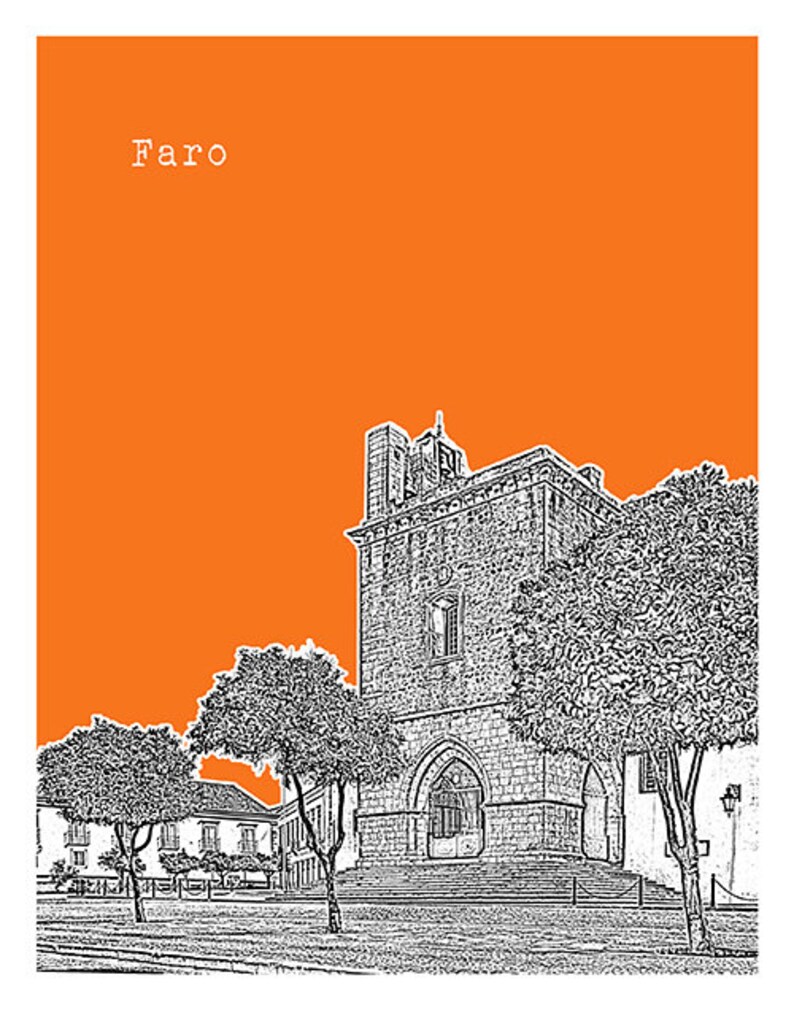 May include: Black and white line drawing of a building with a tower and trees in front of it. The building is on a orange background. The text "Faro" is at the top of the image.