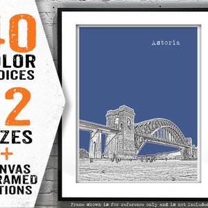 May include: A black and white line drawing of the Astoria Bridge in Astoria, Oregon. The bridge is depicted against a solid blue background. The text "Astoria" is printed in white at the top of the image.