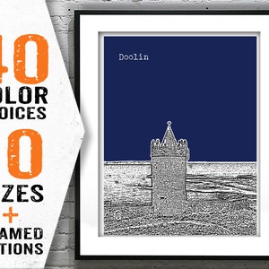 May include: A black and white illustration of a tower on a blue background. The text "Doolin" is at the top of the image.