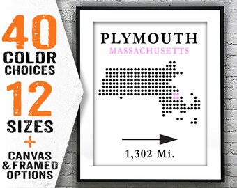 Plymouth Poster Art Print Map Customizable Hometown Distance Massachusetts MA Item T2422