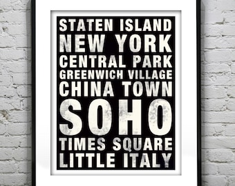 New York Subway Poster Art Print China Town, Soho, Times Square, Central Park, Greenwich Village