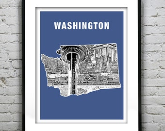 Washington State Map Skyline Poster Art Print Vancouver Seattle  Item T1321