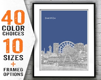 Seattle Skyline Poster Art Print Washington WA Public Market Item T1895