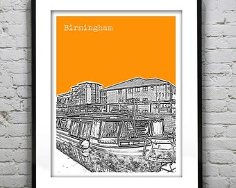 Birmingham England  Art Print Skyline Poster Canal Boats UK