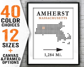 Amherst Poster Art Print Map Customizable Hometown Distance Massachusetts MA Item T2423