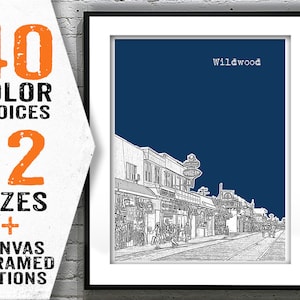 May include: A black and white line drawing of a street scene in Wildwood, New Jersey. The drawing is on a dark blue background. The text "Wildwood" is at the top of the image.