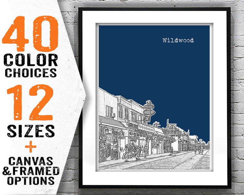 May include: A black and white line drawing of a street scene in Wildwood, New Jersey. The drawing is on a dark blue background. The text "Wildwood" is at the top of the image.