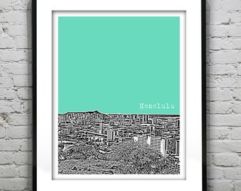 Honolulu Hawaii City Skyline Poster Art Print HI Version 2