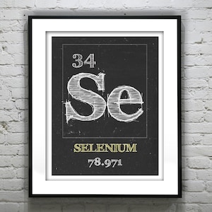 May include: A black and white illustration of the periodic table element Selenium, with the atomic number 34 and atomic weight 78.971. The element symbol "Se" is in white, and the element name "SELENIUM" is in yellow.