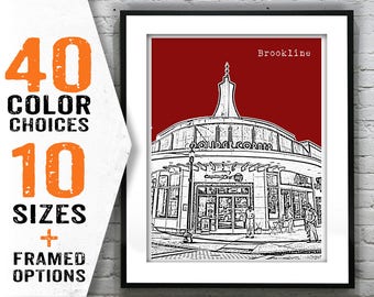 Brookline Massachusetts Skyline Poster Art Print Coolidge Corner Item T1222