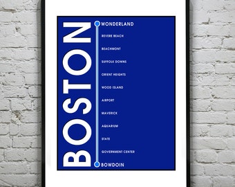 Boston T Blue Line Poster Art Print Subway Wonderland Bowdoin Revere Beach Item T1015