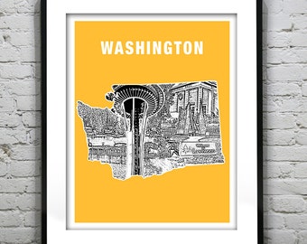 Washington State Map Skyline Poster Art Print Washington WA Item T1320