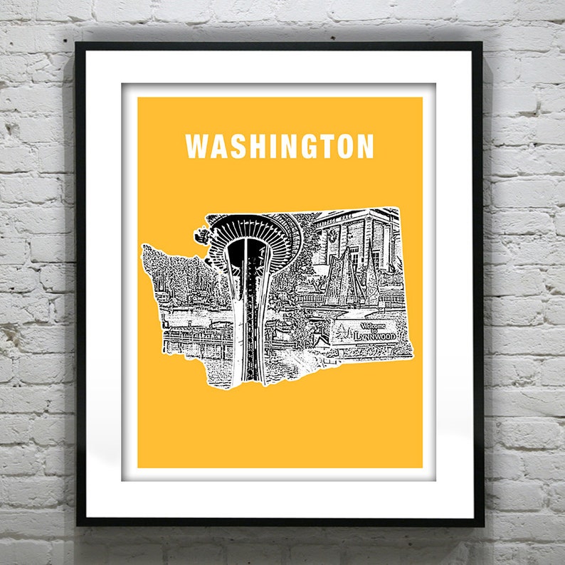 Washington State Map Skyline Poster Art Print Washington WA | Etsy