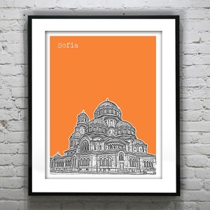 May include: A black and white line drawing of a church on an orange background. The text "Sofia" is at the top of the image.