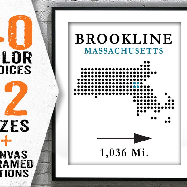 Brookline Poster Art Print Map Customizable Hometown Distance Massachusetts MA Item T2420