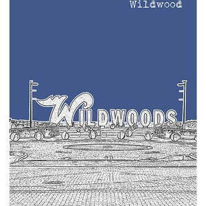 Puede incluir: Una ilustraci&oacute;n en blanco y negro del letrero de Wildwoods con un dise&ntilde;o de ola. El letrero est&aacute; sobre un fondo azul.