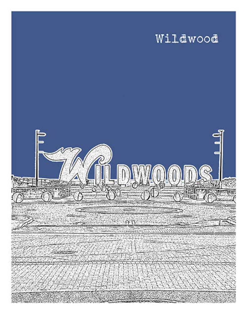 Puede incluir: Una ilustraci&oacute;n en blanco y negro del letrero de Wildwoods con un dise&ntilde;o de ola. El letrero est&aacute; sobre un fondo azul.