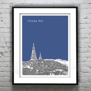 May include: A black and white line drawing of a cityscape with a blue background. The city is Chiang Mai, Thailand. The drawing features a prominent temple with a spire.