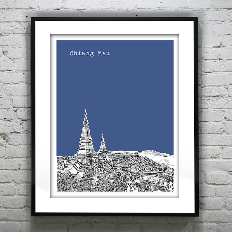 May include: A black and white line drawing of a cityscape with a blue background. The city is Chiang Mai, Thailand. The drawing features a prominent temple with a spire.