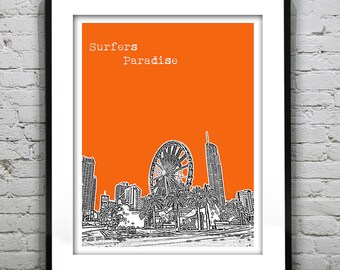 Surfers Paradise Australia Skyline Poster Art Print  Downtown Beach Surfing Item T4406