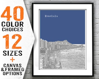 Honolulu Waikiki Beach Hawaii City Skyline Poster Art Print HI Item T2769