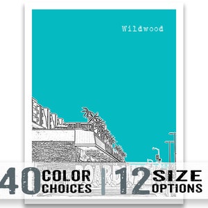 May include: A black and white illustration of a cityscape with palm trees against a turquoise background. The text "Wildwood" is at the top of the image.
