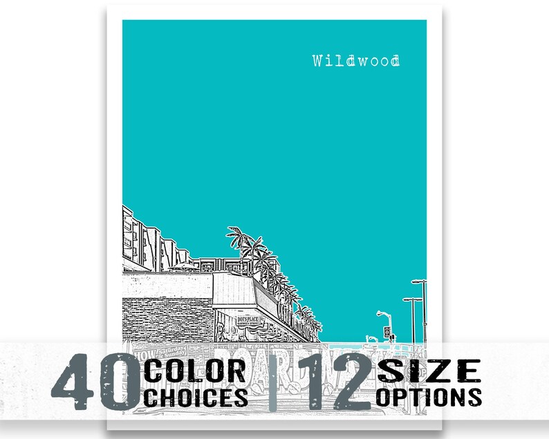 May include: A black and white illustration of a cityscape with palm trees against a turquoise background. The text "Wildwood" is at the top of the image.