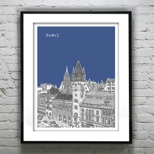 May include: A black and white line drawing of the Basel skyline against a solid blue background. The text "Basel" is at the top of the image.