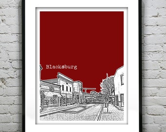 Blacksburg Virginia Skyline Downtown Poster Art Print VT