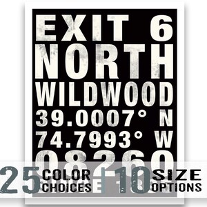 May include: Black and white graphic print with the text "EXIT 6 NORTH WILDWOOD 39.0007&deg;N 74.7993&deg;W 08 260". The text is in a distressed font style.