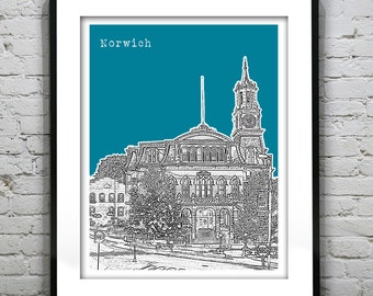 Norwich Connecticut Poster Print Art Skyline CT City Hall Version 2