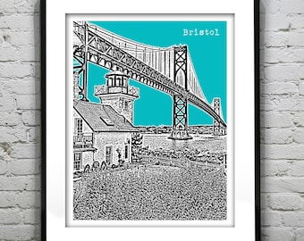 Bristol Rhode Island Skyline Poster Art Print RI Mount Hope Bridge Item T2528