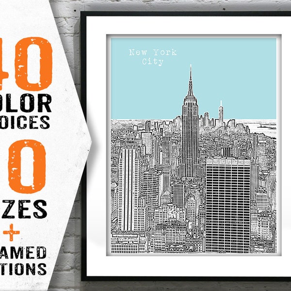 New York City Skyline Poster Print Wall Art Empire State Building NYC Drawing Item T1001