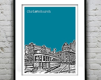 Christchurch New Zealand Poster Art Skyline Print