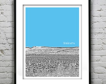Nakuru Lake Kenya Africa Skyline Poster Art Flamingos