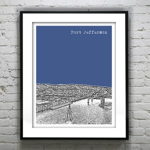 May include: A black and white illustration of a waterfront town with a blue background. The text "Port Jefferson" is at the top of the image.