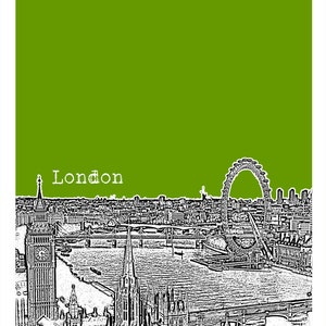 Może przedstawiać: Czarno-biała ilustracja panoramy Londynu z London Eye, Big Benem i Tamizą. Tekst "London" jest napisany na g&oacute;rze obrazu na białym tle. Tło jest jednolitego koloru zielonego.