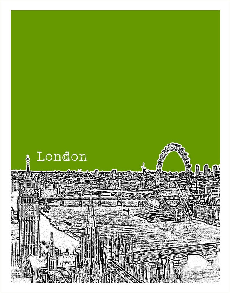 Może przedstawiać: Czarno-biała ilustracja panoramy Londynu z London Eye, Big Benem i Tamizą. Tekst "London" jest napisany na g&oacute;rze obrazu na białym tle. Tło jest jednolitego koloru zielonego.